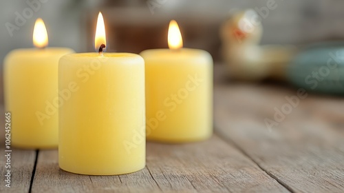 Three yellow candles sitting on top of a wooden table