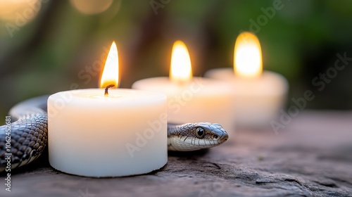 A snake sitting next to a lit candle on a rock