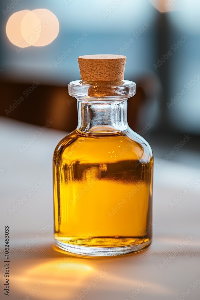 A bottle of oil sitting on top of a table A bottle of oil sitting on top of a table