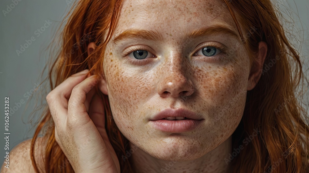 A close-up portrait of a young woman with vibrant red hair and freckles, showcasing her natural beauty and serene expression A close-up portrait of a young woman with vibrant red hair and freckles, showcasing her natural beauty and serene expression