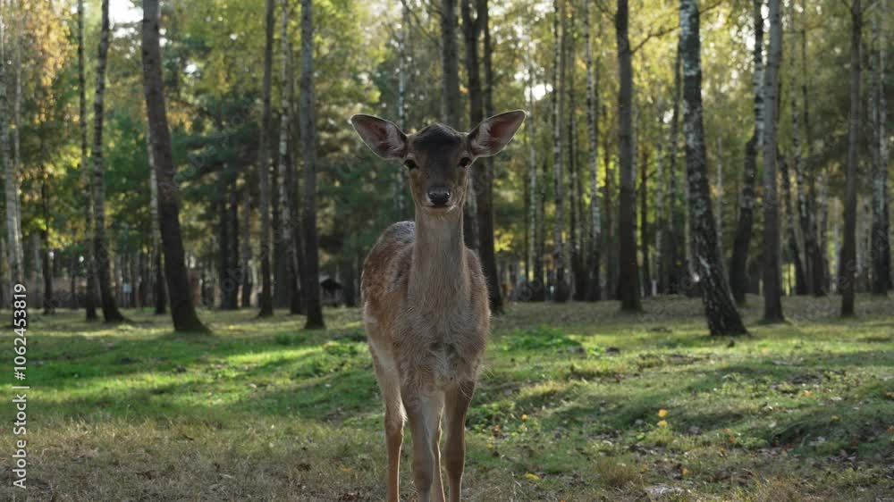Whitetail spotted young deer standing in the forest looking at the camera and shaking its ears slow motion. Young true deer grazing in the wild. Whitetail sika deer walking in forest Whitetail spotted young deer standing in the forest looking at the camera and shaking its ears slow motion. Young true deer grazing in the wild. Whitetail sika deer walking in forest
