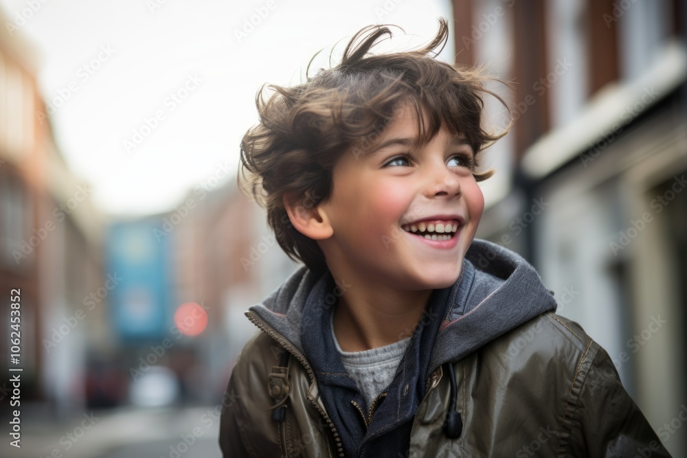 Portrait of a cute young boy with curly hair in the city Portrait of a cute young boy with curly hair in the city