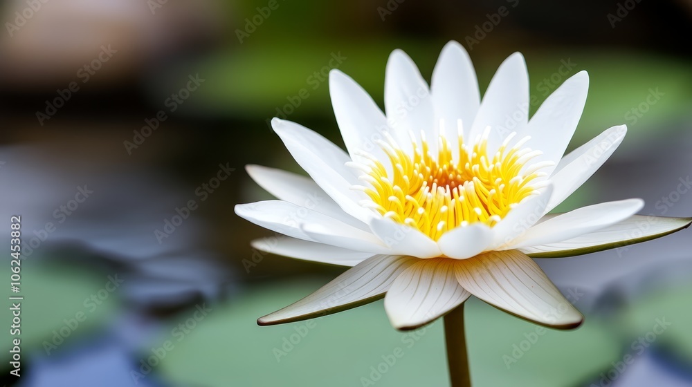 A white water lily with a yellow center in a pond A white water lily with a yellow center in a pond