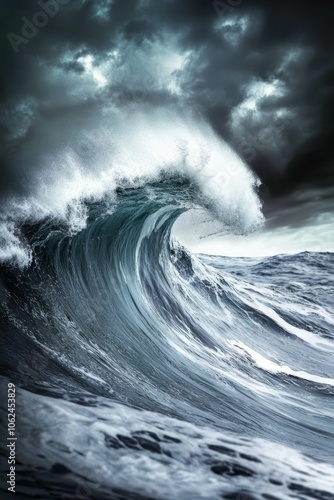 A large wave in the middle of a stormy ocean