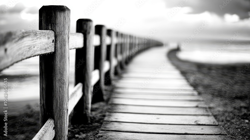 Obraz premium A wooden walkway leading to the ocean on a cloudy day