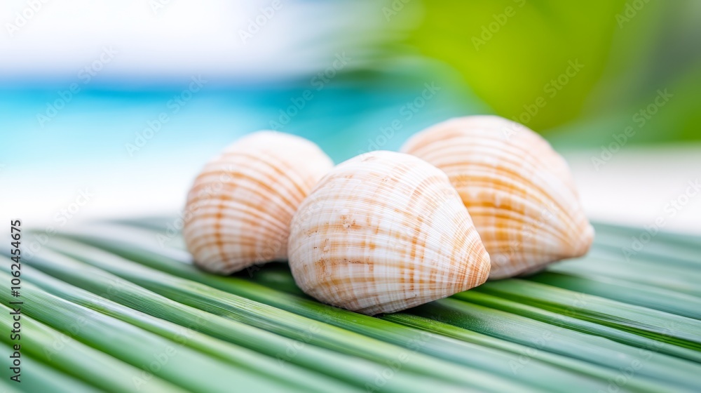 Three seashells sitting on top of a green leaf Three seashells sitting on top of a green leaf