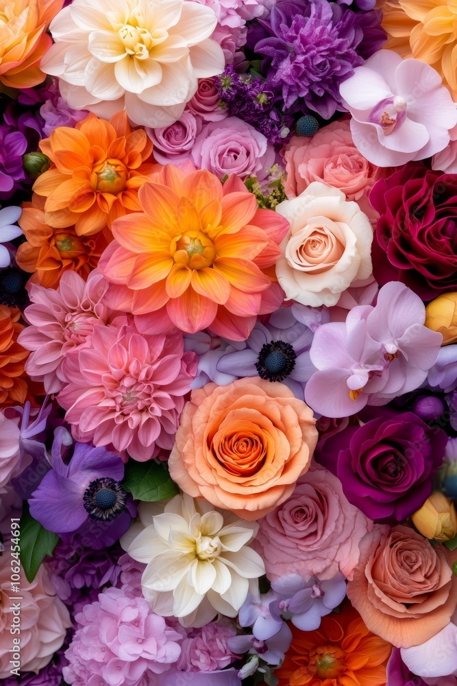 A bunch of different colored flowers are arranged together A bunch of different colored flowers are arranged together