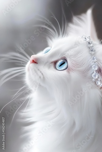 A white cat with blue eyes wearing a tia photo