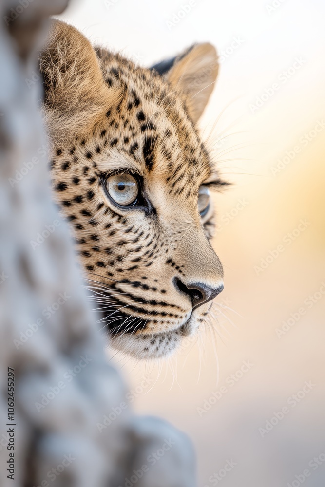 Obraz premium A close up of a leopard's face peeking out from behind a rock