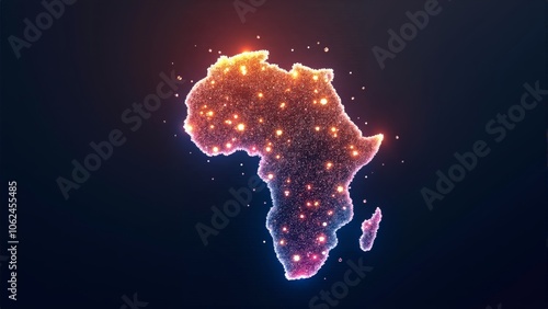 A vibrant, glowing representation of Africa illuminated with colorful lights against a dark backdrop