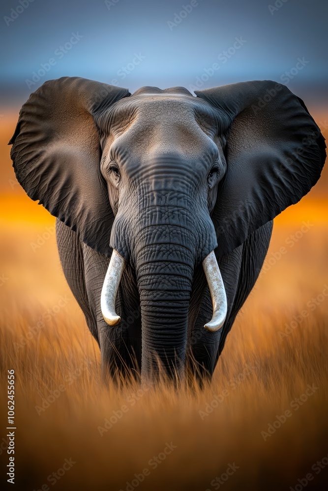 Fototapeta premium A large elephant standing in a field of tall grass