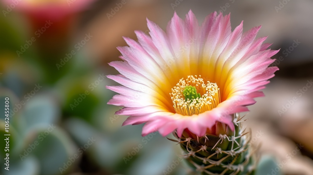 A close up of a pink and yellow flower on a cactus A close up of a pink and yellow flower on a cactus