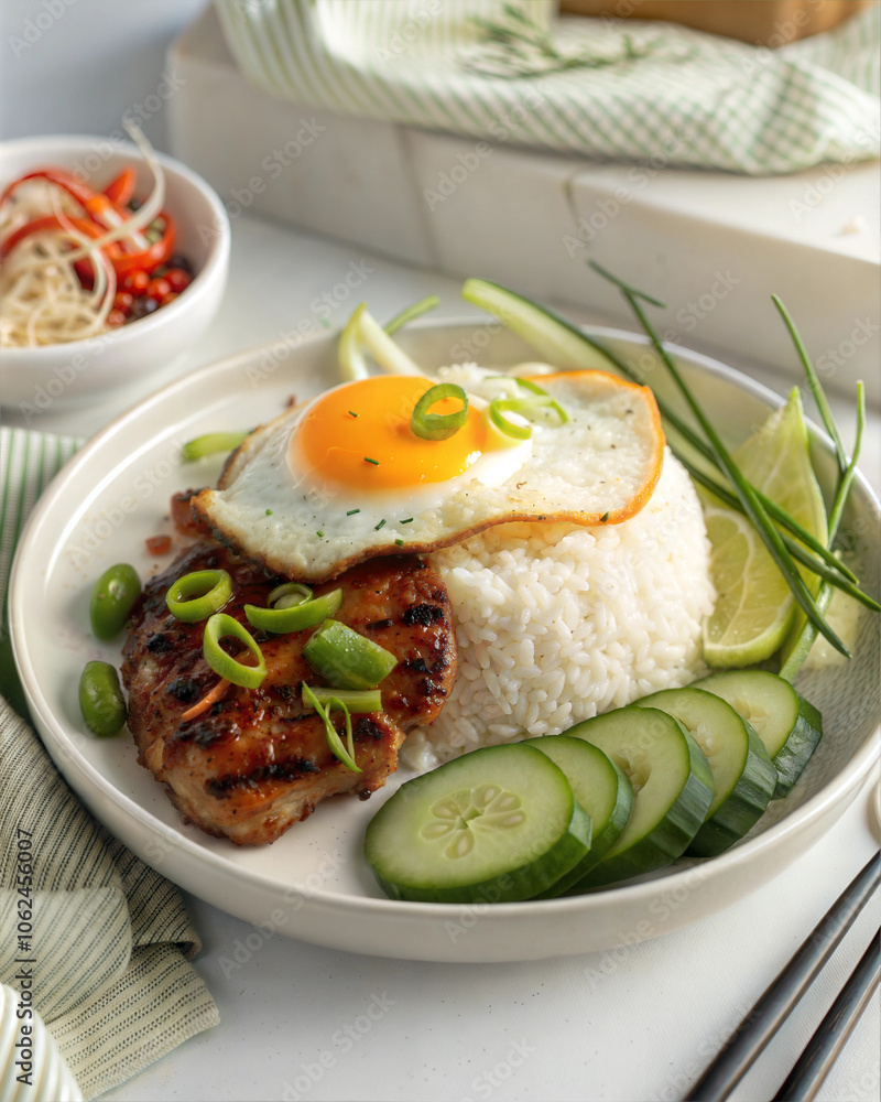 Grilled Chicken with Rice, Fried Egg, and Fresh Vegetables Grilled Chicken with Rice, Fried Egg, and Fresh Vegetables
