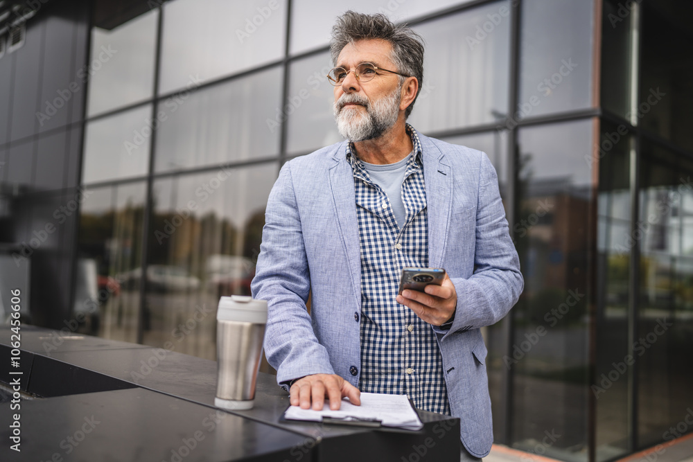 senior man stand outdoor and use cellphone and clipboard senior man stand outdoor and use cellphone and clipboard