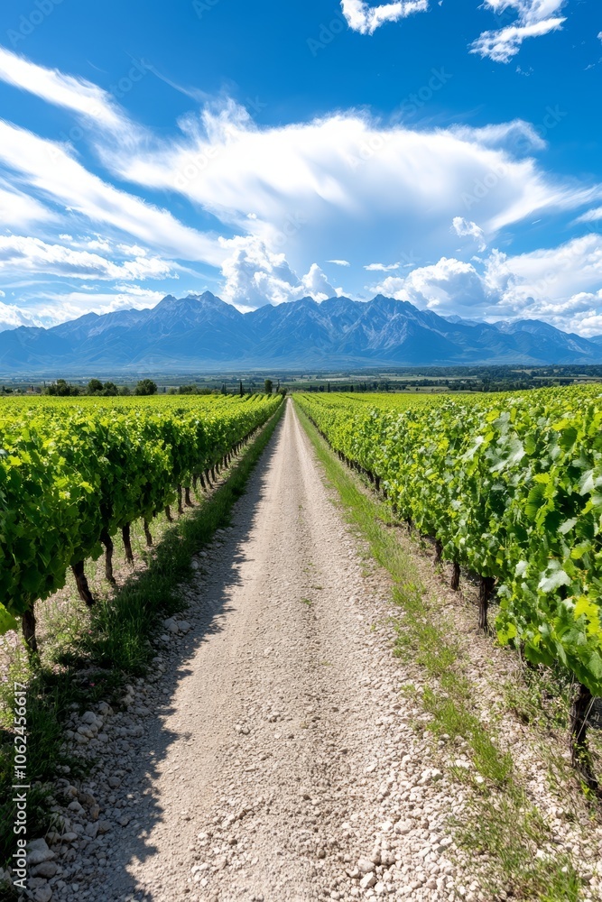 Fototapeta premium A dirt road in the middle of a vineyard with mountains in the background