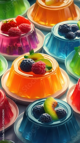 A close-up view of a colorful array of fruit-topped gelatin desserts photo