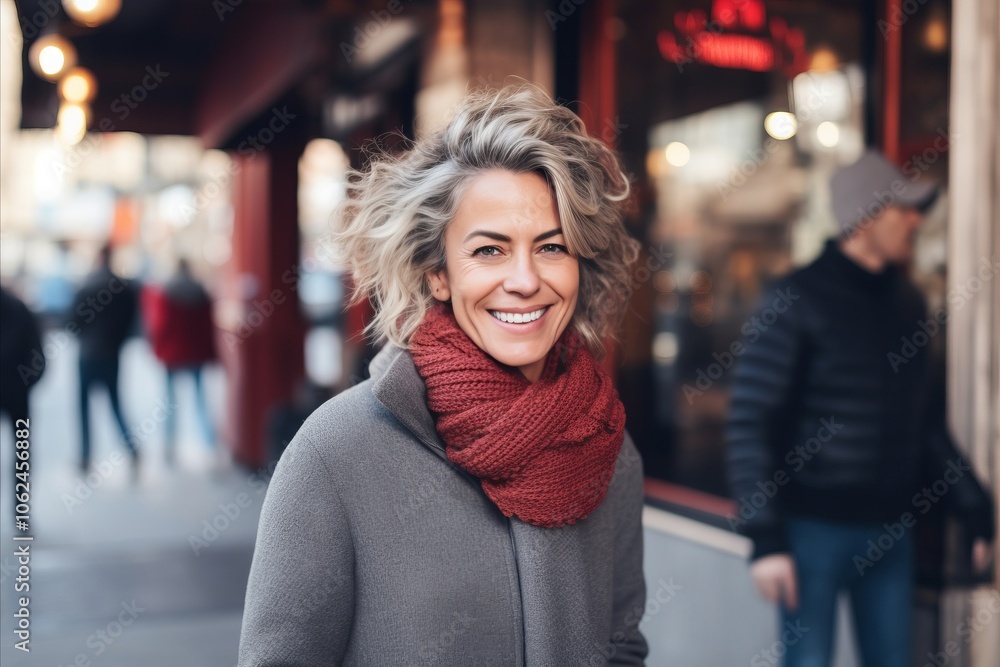 Portrait of a smiling middle-aged woman in a red scarf and a gray coat on a city street. Portrait of a smiling middle-aged woman in a red scarf and a gray coat on a city street.