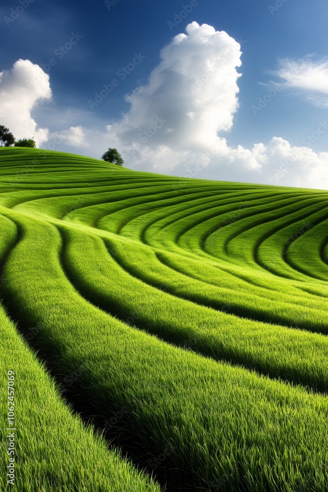 A field of green grass under a blue sky with clouds A field of green grass under a blue sky with clouds