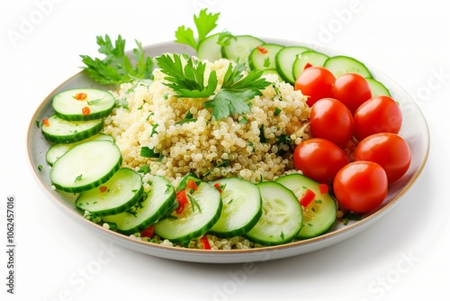 Plate of fresh quinoa salad with cucumber slices, cherry tomatoes, and parsley garnish on a white background. Healthy, plant-based meal concept.