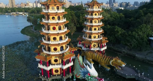 Aerial Drone View Of Dragon And Tiger Pagodas At Lotus Pond, Kaohsiung City, Taiwan Video Travel