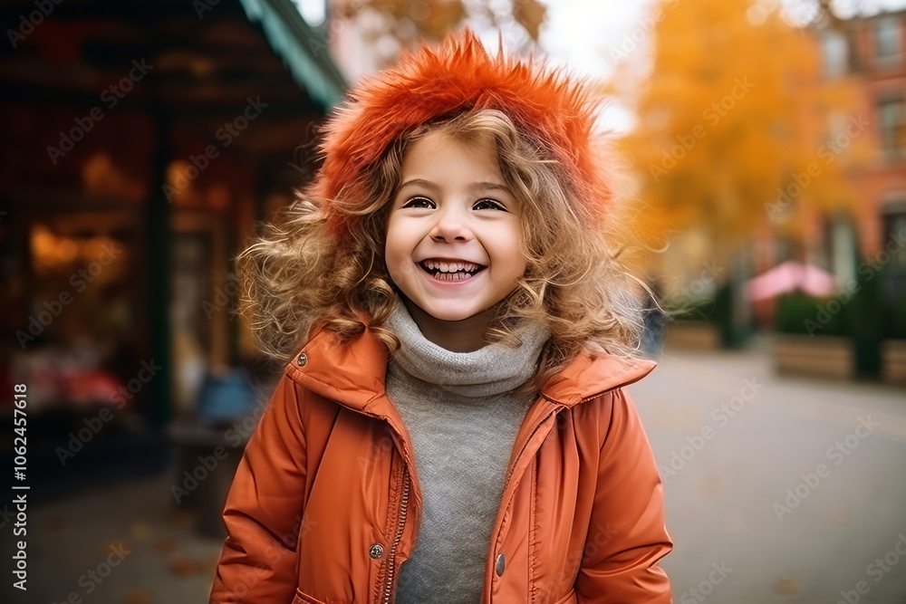 Portrait of cute little girl in orange coat and red hat on the street Portrait of cute little girl in orange coat and red hat on the street