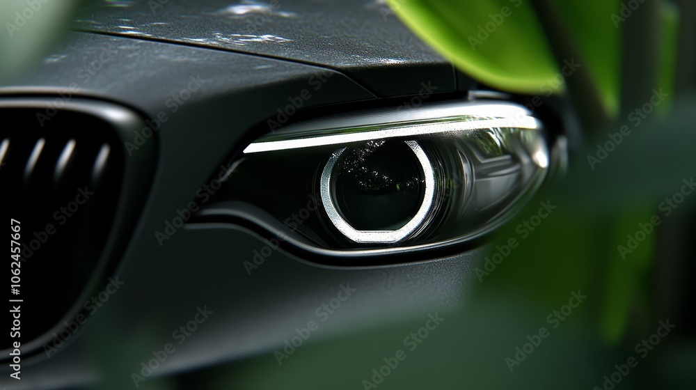 A close up of the headlights of a black car A close up of the headlights of a black car