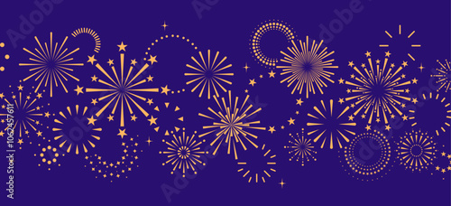 Fireworks banner, gold fireworks border on purple background