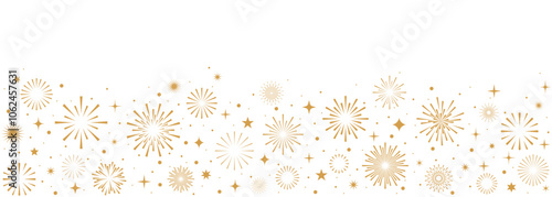 Fireworks banner, gold holidays border with stars