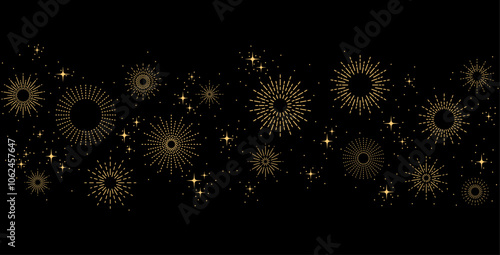 Gold fireworks border on black background, New Year divider