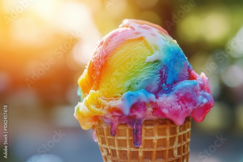 A colorful scoop of rainbow sherbet ice cream in a waffle cone, dripping slightly under a bright summer sun