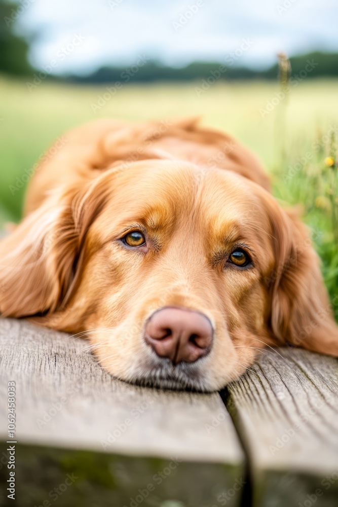 A golden retriever laying on a wooden bench in a field A golden retriever laying on a wooden bench in a field