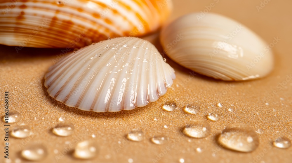 Three seashells on a sandy beach with water droplets Three seashells on a sandy beach with water droplets