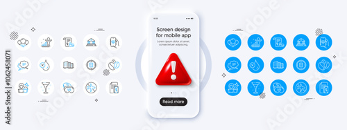 Flight mode, Text message and Cocktail line icons. Phone mockup with 3d danger icon. Pack of Medical prescription, No waterproof, Calculator target icon. Vector