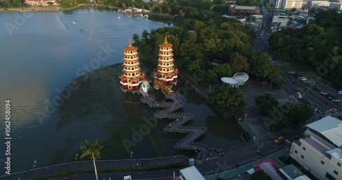 Aerial Drone View Of Travelling Of Dragon And Tiger Pagodas, Sunset, Kaohsiung City, Taiwan Travel