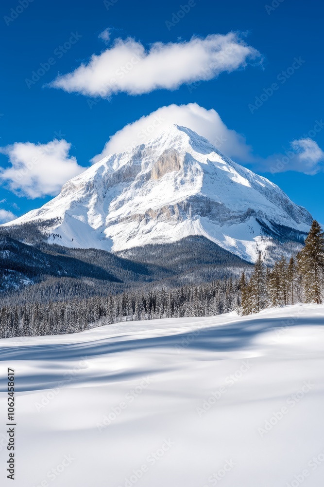 A snow covered mountain with trees in the foreground A snow covered mountain with trees in the foreground