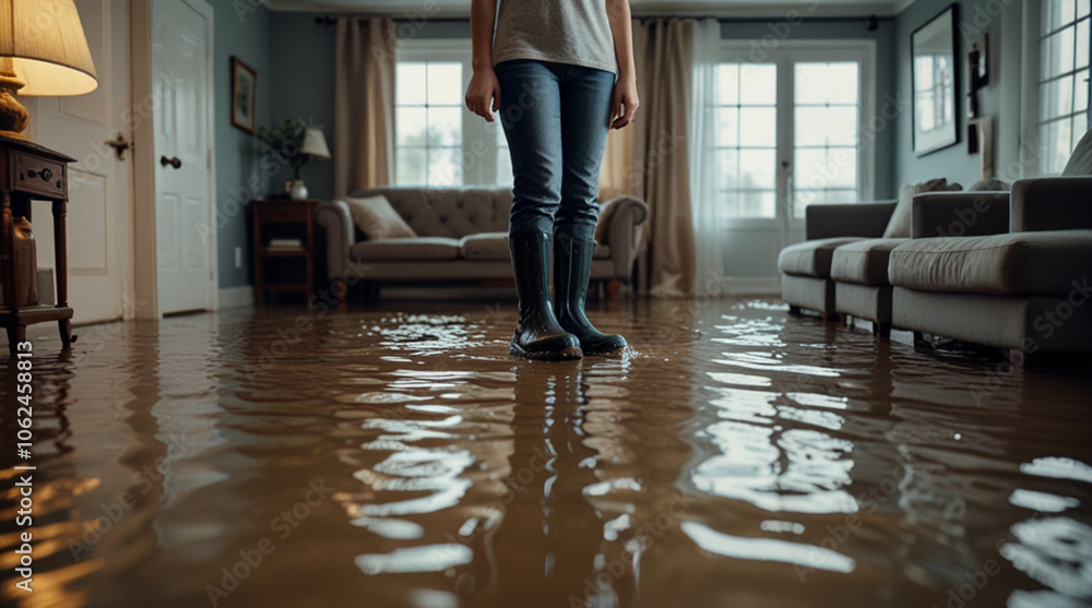 Flood concept - Person in rubber boots standing in the flooded livingroom Flood concept - Person in rubber boots standing in the flooded livingroom