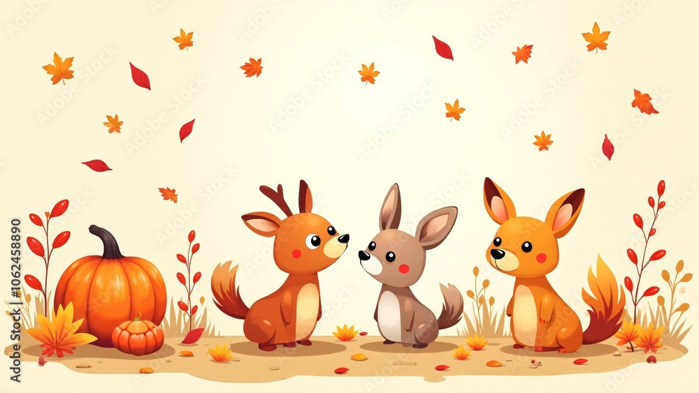 Fototapeta premium A delightful gathering of woodland animals celebrating autumn amidst colorful leaves and pumpkins