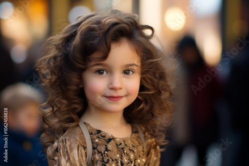 Portrait of a beautiful little girl with curly hair in the city