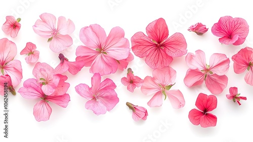 Top view of pink flowers and geranium petals, creating a floral isolated design element.