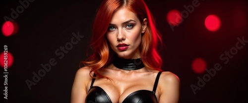 Close-up of a confident woman with red hair in a leather outfit, standing against a background of red lights. The image embodies mystery and allure, perfect for fashion and lifestyle themes.