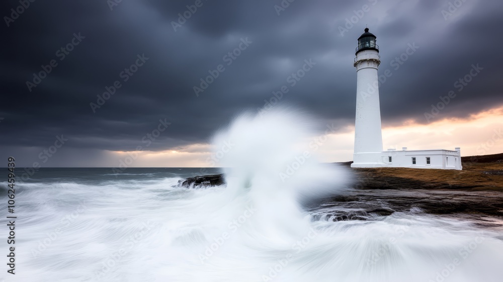 A white lighthouse on a rocky shore under a cloudy sky A white lighthouse on a rocky shore under a cloudy sky