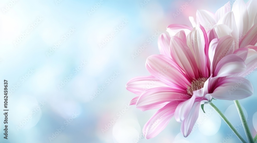A pink and white flower on a blue background A pink and white flower on a blue background