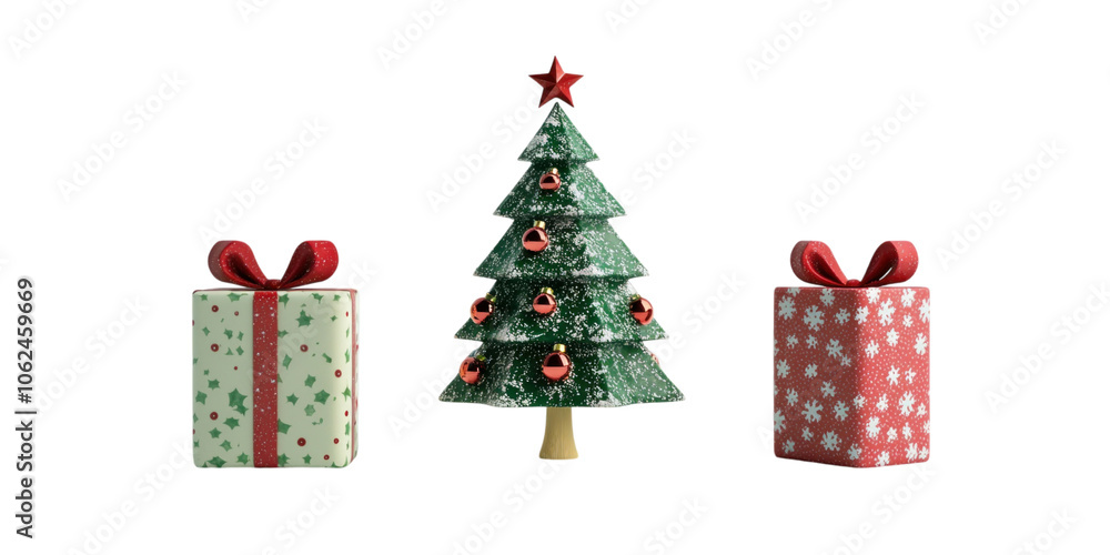 set of christmas tree and gift box solated on transparent background, png elements collection. set of christmas tree and gift box solated on transparent background, png elements collection.
