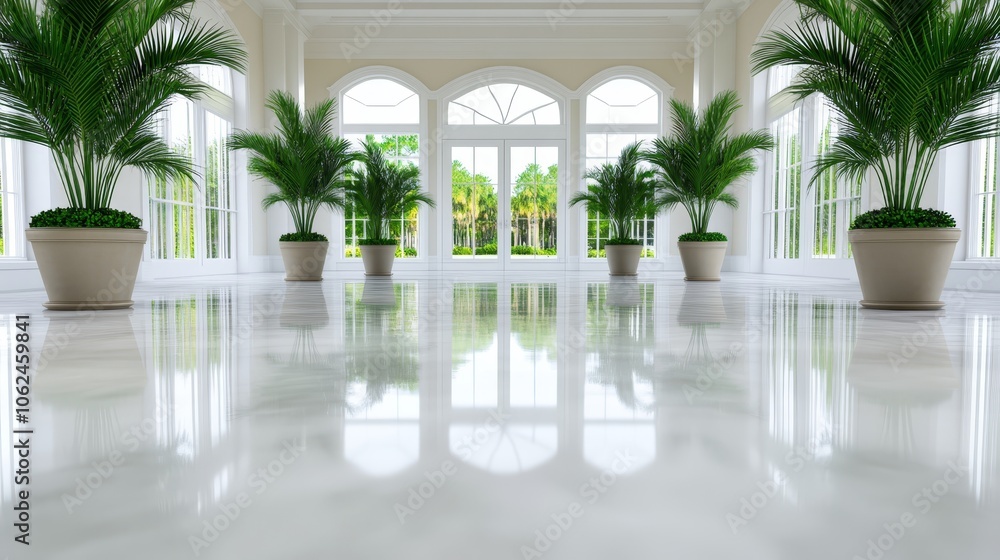 A large white room with potted plants in it A large white room with potted plants in it