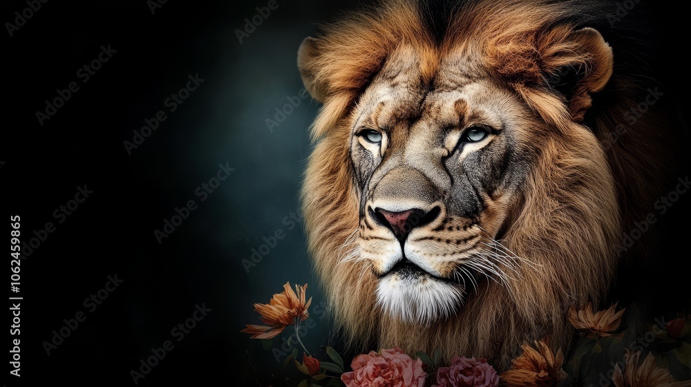 Naklejka premium A close up of a lion's face surrounded by flowers