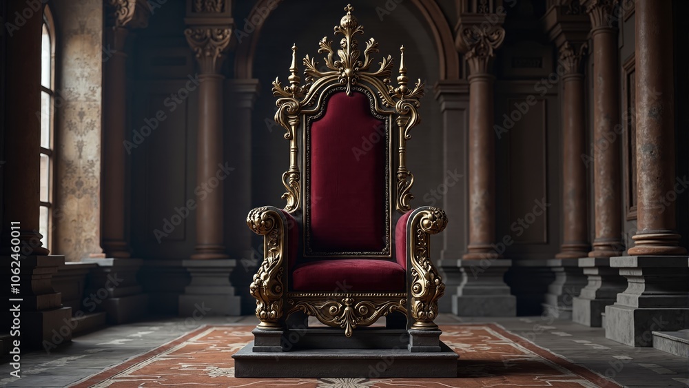 An ornate throne stands majestically in a grand hall with intricate architecture and soft lighting An ornate throne stands majestically in a grand hall with intricate architecture and soft lighting