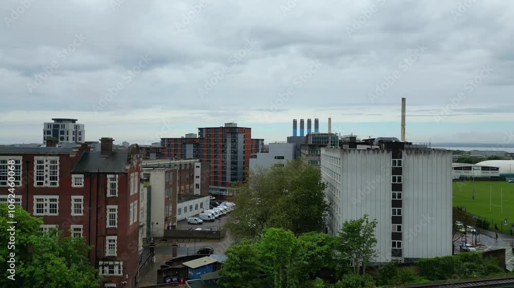 Aerial View of Historical Old Portsmouth Central City and Downtown of United Kingdom During Rainy and Cloudy Day. May 16th, 2024. High Angle Drone's Camera Was Captured from Medium High Altitude Aerial View of Historical Old Portsmouth Central City and Downtown of United Kingdom During Rainy and Cloudy Day. May 16th, 2024. High Angle Drone's Camera Was Captured from Medium High Altitude