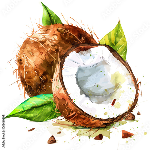 A watercolor vector of Coconut, isolated on a white background.