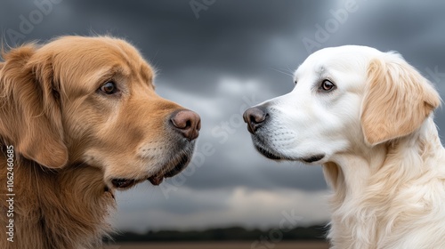 A couple of dogs standing next to each other in a field