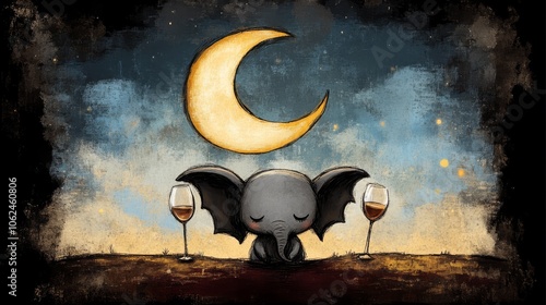 A drawing of an elephant sitting on top of a hill next to two glasses of wine photo